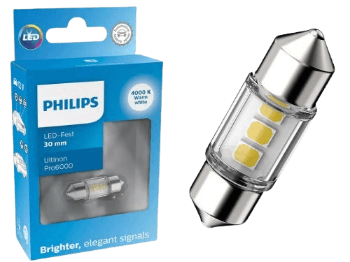 Philips 30mm Festoon White Ultinon Pro6000 Cool White LED Bulbs (Single)